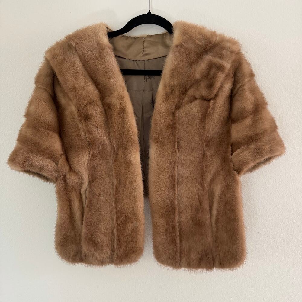 Vintage Pastel Mink Fur Stole Muted Brown Short Coat Bolero Cape Shawl 1950s M/L